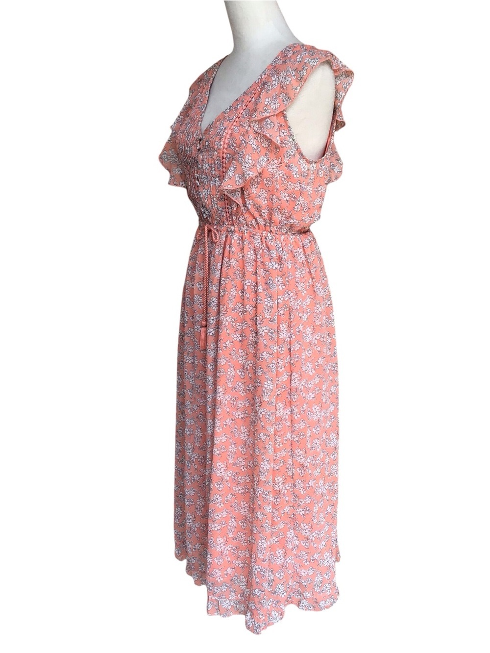 Abercrombie & Fitch Peach Floral Boho Elastic Tassel Tie Midi Dress Size ST New - Picture 3 of 5